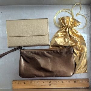 Vintage 3 Gold Brown Jewelry Trinket Makeup Case Drawstring Pearl Zip